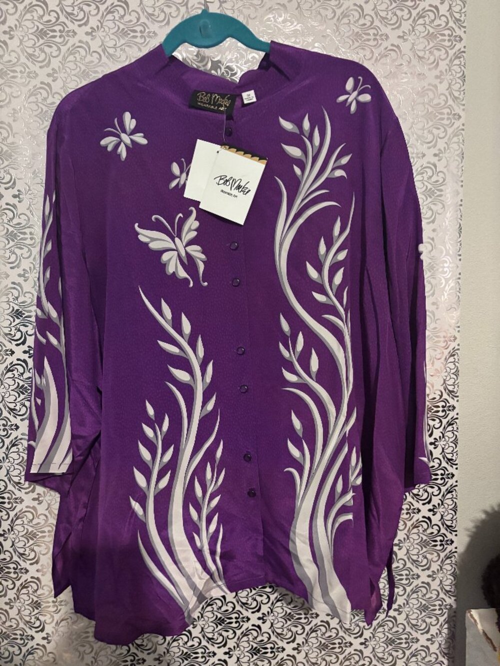 LOT OF 2 NWT Bob Mackie 100% Silk Butterfly Embroidered Tunics Purple & Navy 3XL
